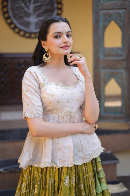 Olive Jacquard Lehenga With Peplum Top