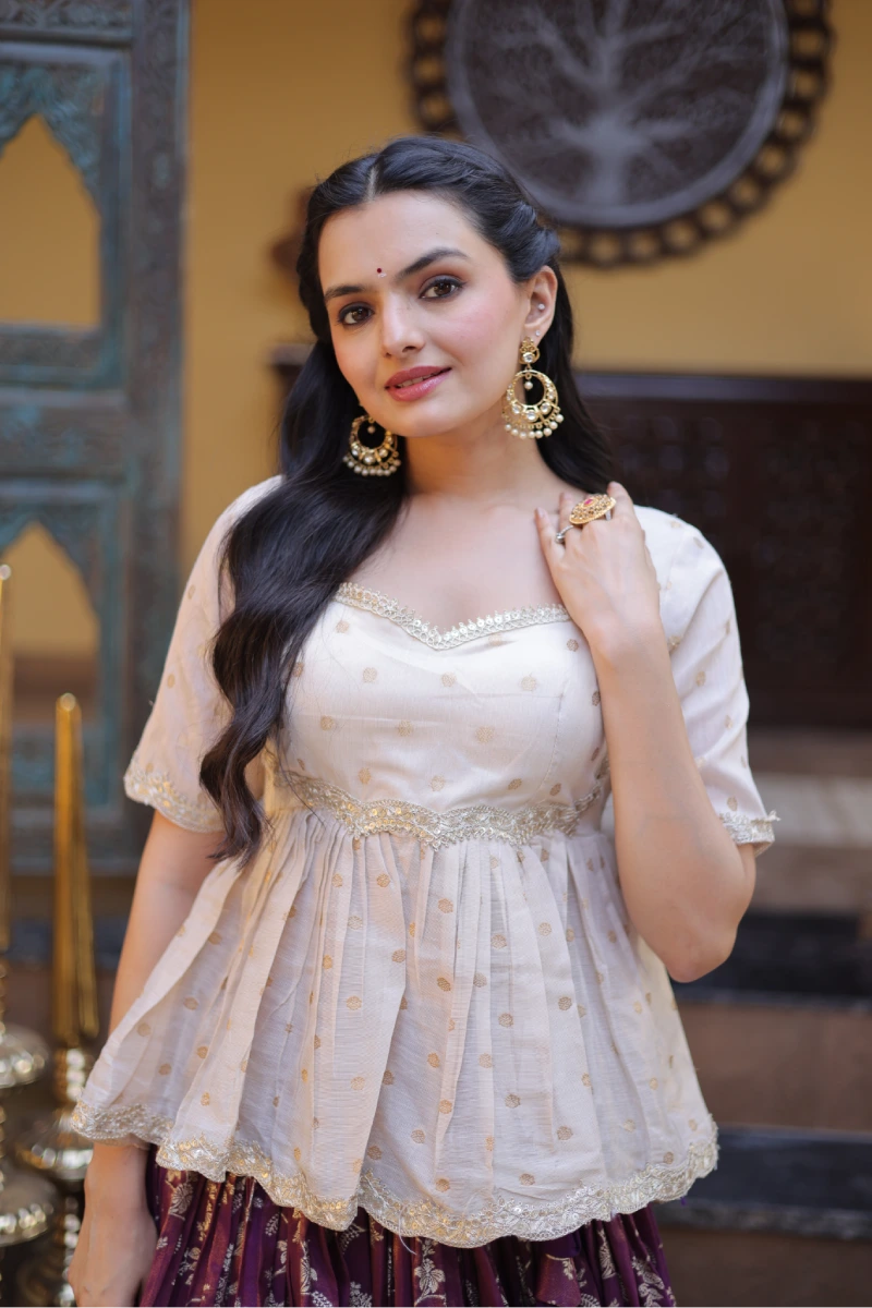 Wine Jacquard Lehenga With Peplum Top
