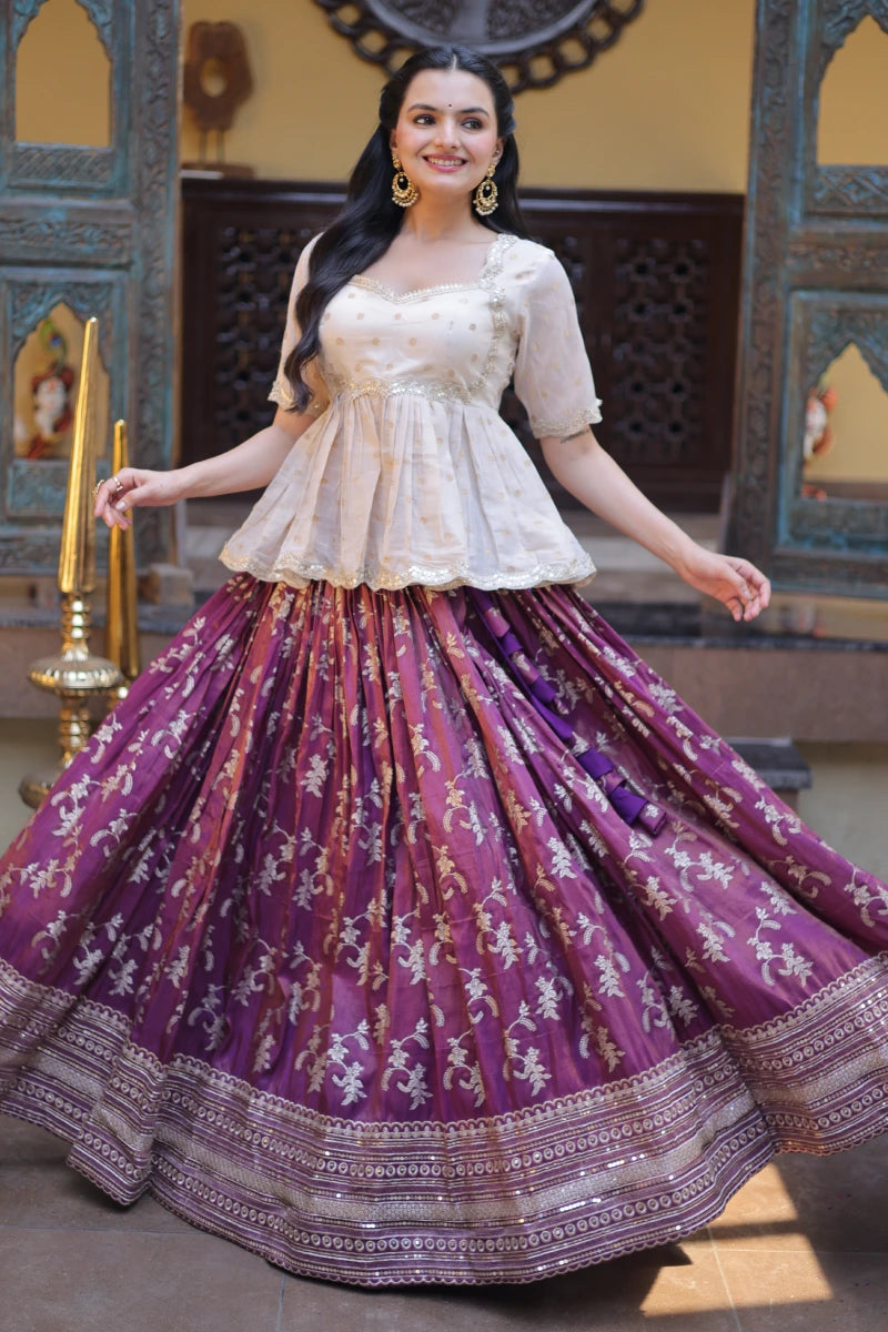 Wine Jacquard Lehenga With Peplum Top