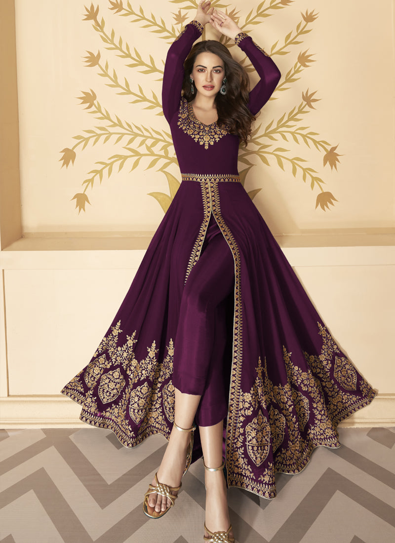 Wine Georgette Embroidered Anarkali Suit