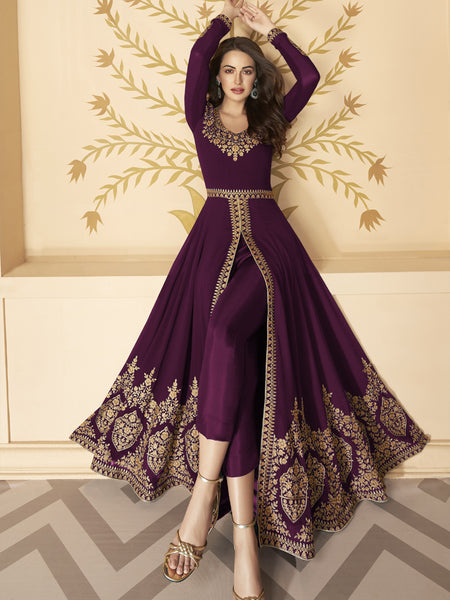 Wine Georgette Embroidered Anarkali Suit