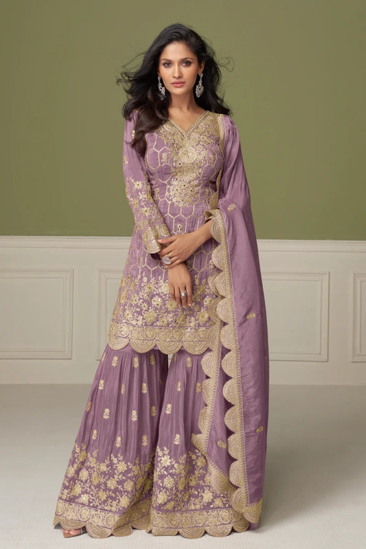 Lavendar Chinon Embroidered Palazzo Suit
