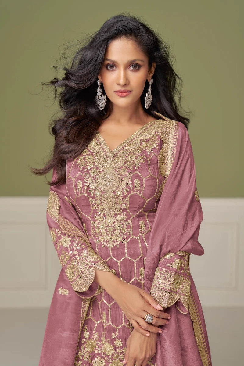 Pink Chinon Embroidered Palazzo Suit