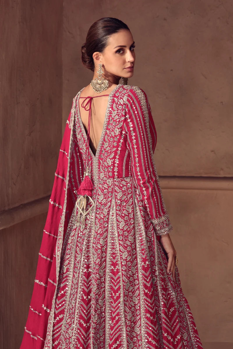 Rani Pink Full Embroidered Chinon Anarkali Gown