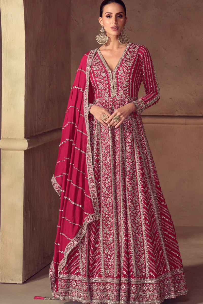 Rani Pink Full Embroidered Chinon Anarkali Gown