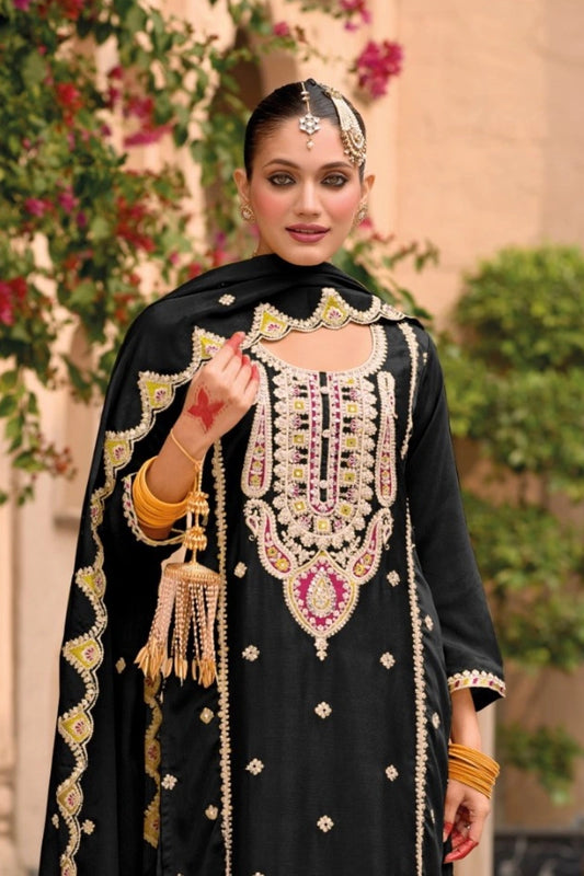 Black Chinon Embroidered Palaazo Suit