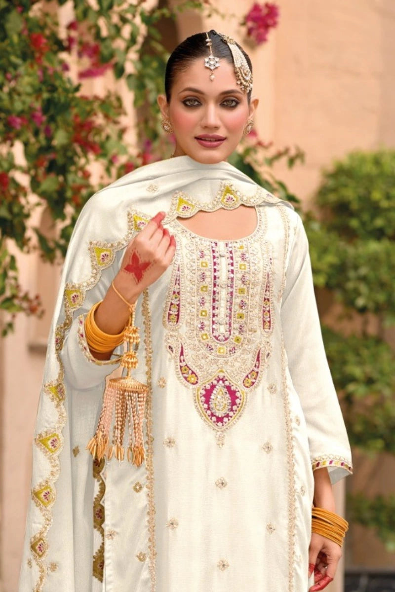 White Chinon Embroidered Palazzo Suit