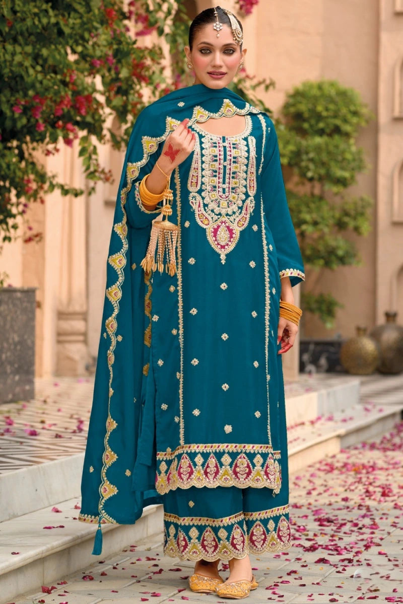 Teal Green Chinon Embroidered Palazzo Suit