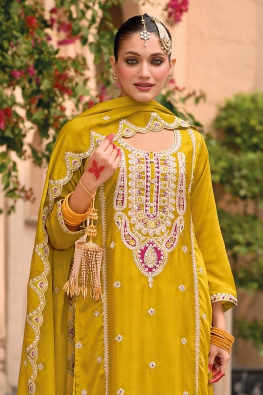 Yellow Chinon Embroidered Palazzo Suit