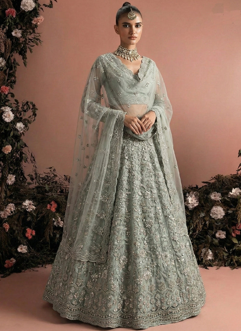 Grey Net Embroidered Wedding Lehenga