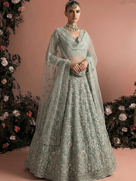 Grey Net Embroidered Wedding Lehenga