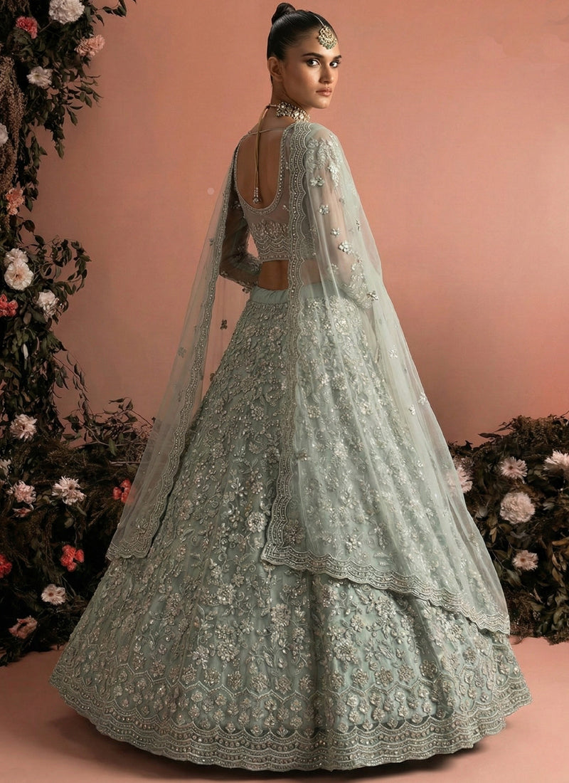 Grey Net Embroidered Wedding Lehenga