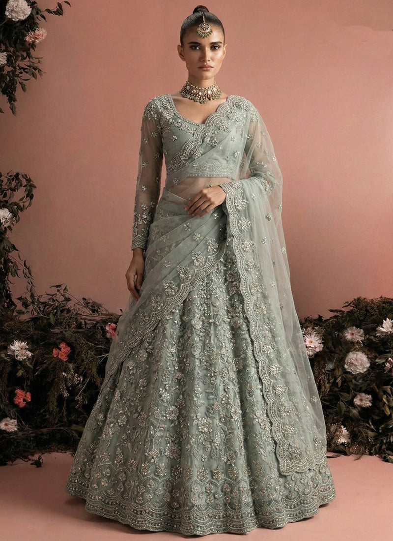 Grey Net Embroidered Wedding Lehenga
