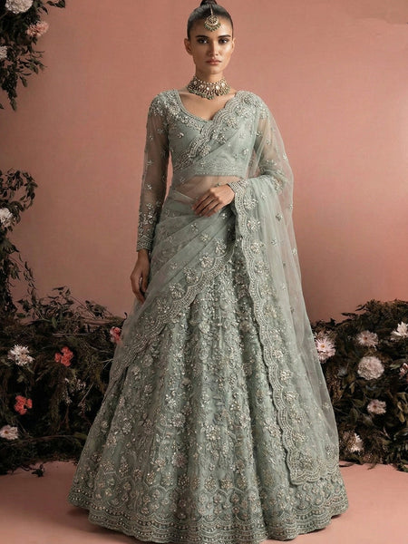 Grey Net Embroidered Wedding Lehenga