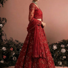 Red Net Embroidered Wedding Lehenga