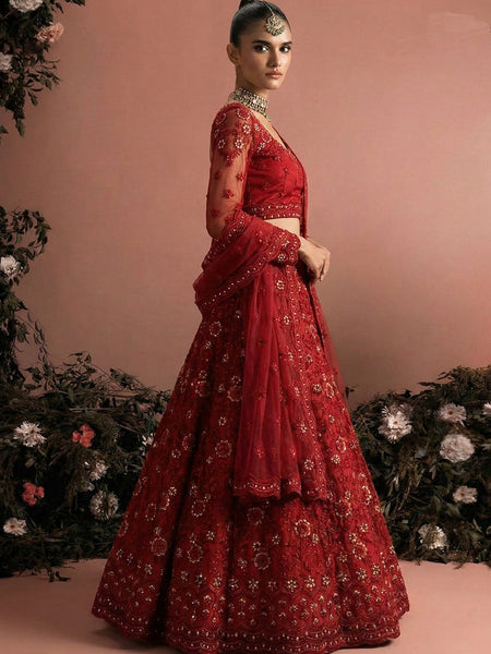 Red Net Embroidered Wedding Lehenga