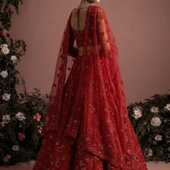 Red Net Embroidered Wedding Lehenga
