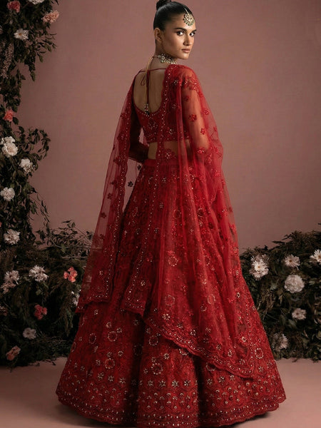 Red Net Embroidered Wedding Lehenga