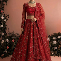 Red Net Embroidered Wedding Lehenga