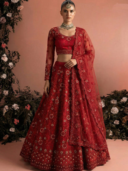 Red Net Embroidered Wedding Lehenga