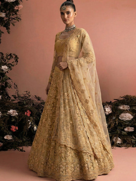 Beige Net Heavy Embroidered Wedding Lehenga