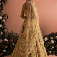 Beige Net Heavy Embroidered Wedding Lehenga