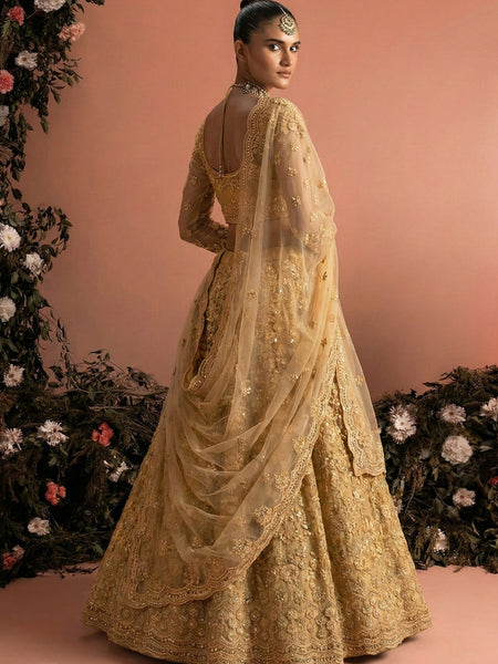 Beige Net Heavy Embroidered Wedding Lehenga