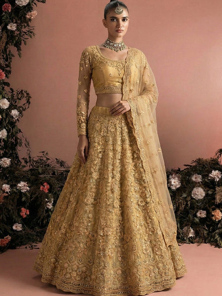 Beige Net Heavy Embroidered Wedding Lehenga
