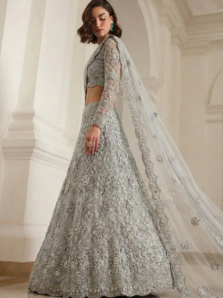 Grey Net Thread Work Wedding Lehenga
