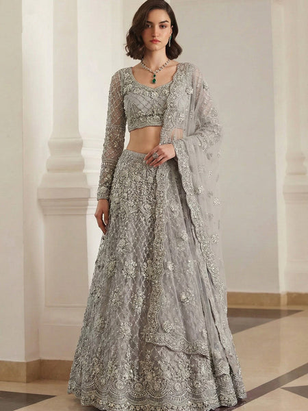 Grey Net Thread Work Wedding Lehenga