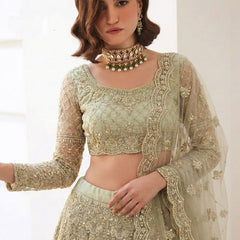 Light Green Net Thread Work Wedding Lehenga