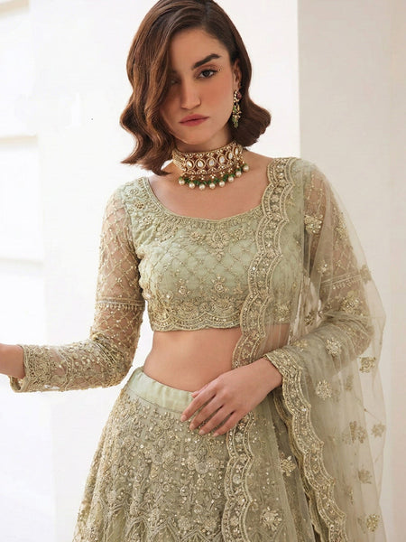 Light Green Net Thread Work Wedding Lehenga