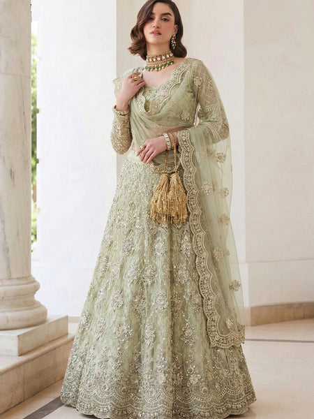 Light Green Net Thread Work Wedding Lehenga