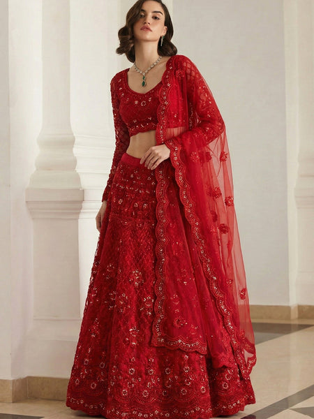 Red Net Thread Work Wedding Lehenga