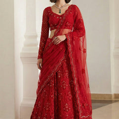 Red Net Thread Work Wedding Lehenga