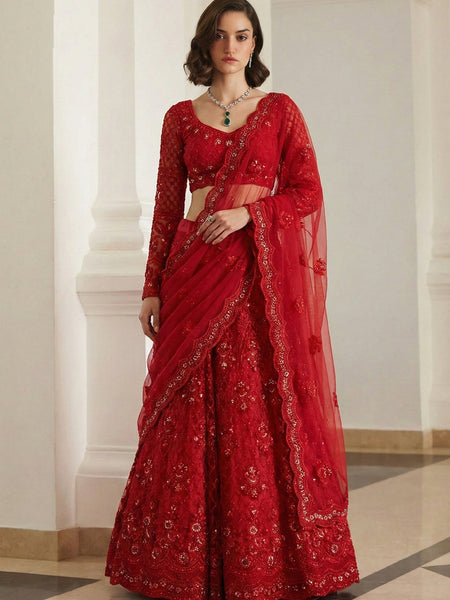 Red Net Thread Work Wedding Lehenga