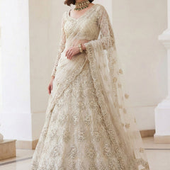 Off White Net Thread Work Wedding Lehenga