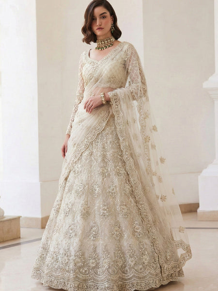 Off White Net Thread Work Wedding Lehenga
