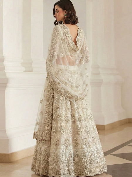 Off White Net Thread Work Wedding Lehenga
