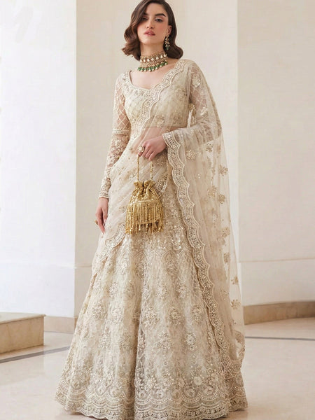 Off White Net Thread Work Wedding Lehenga