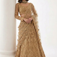 Beige Net Thread Work Wedding Lehenga