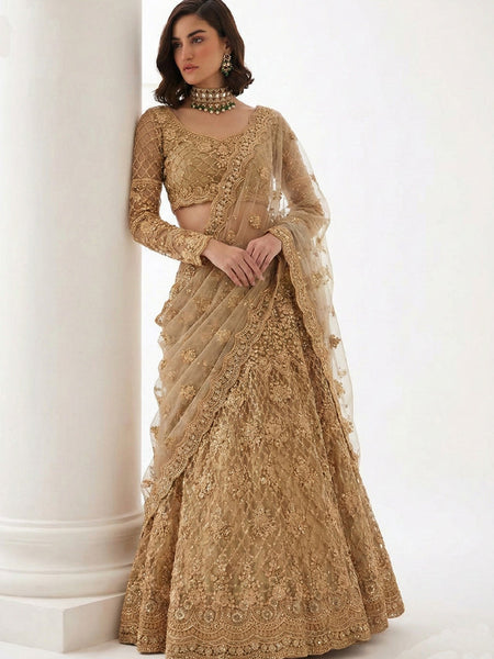 Beige Net Thread Work Wedding Lehenga