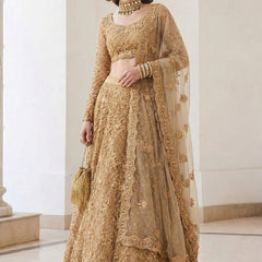 Beige Net Thread Work Wedding Lehenga