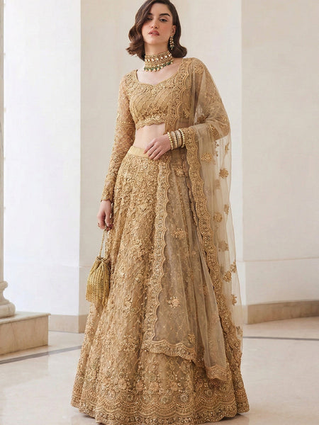 Beige Net Thread Work Wedding Lehenga