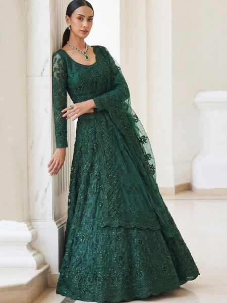 Green Net Thread Work Wedding Lehenga