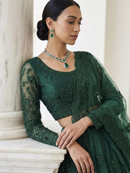 Green Net Thread Work Wedding Lehenga