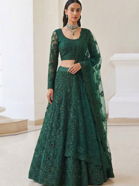 Green Net Thread Work Wedding Lehenga
