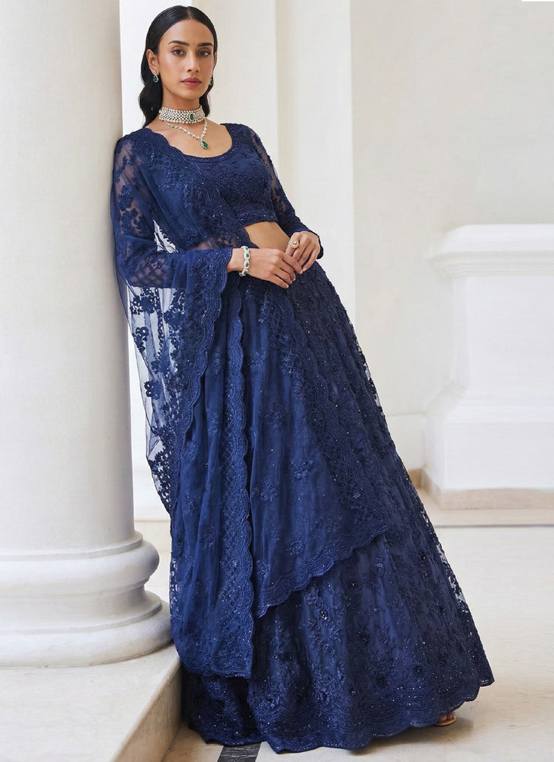 Blue Net Thread Work Wedding Lehenga