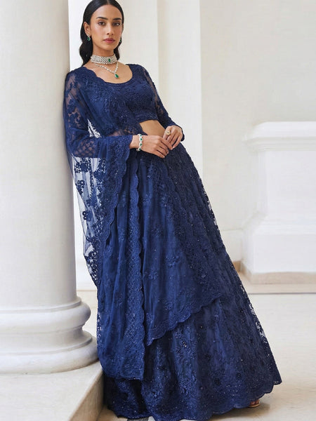 Blue Net Thread Work Wedding Lehenga