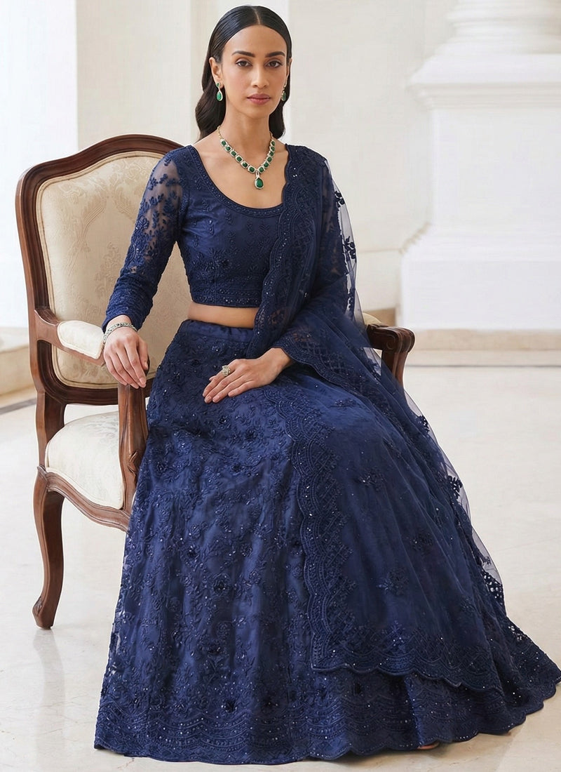 Blue Net Thread Work Wedding Lehenga